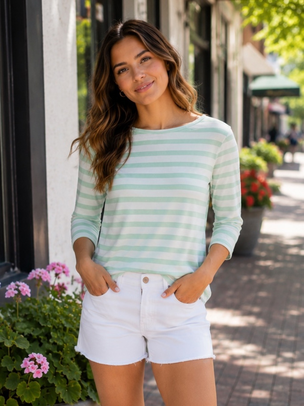 J.Crew Mint Green Stripe Boat Neck Top XS Preppy Coastal Classic